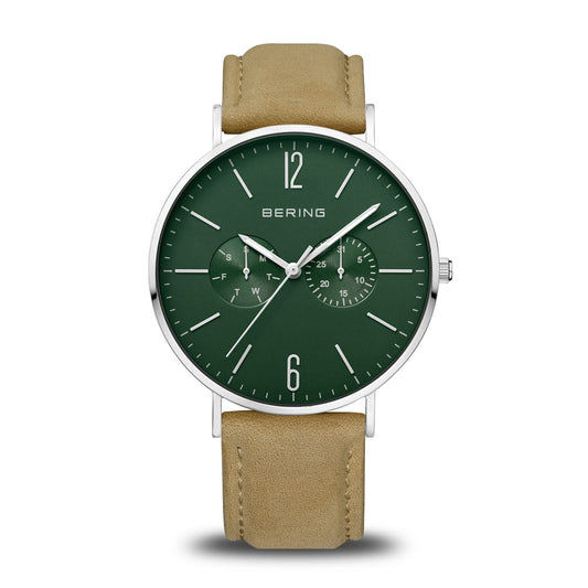 Herren-Armbanduhr mit grünem Zifferblatt, beigem Lederband und silbernem Gehäuse