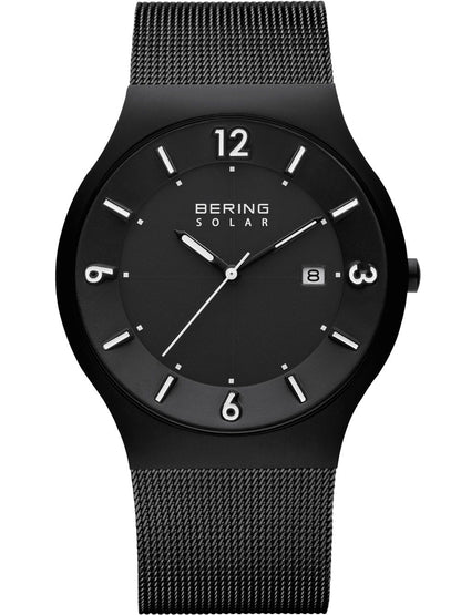 Bering Solar Herrenarmbanduhr mit schwarzem Zifferblatt und Meshband