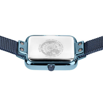Reloj cuadrado para mujer con bisel azul claro, esfera clara y correa milanesa azul oscuro