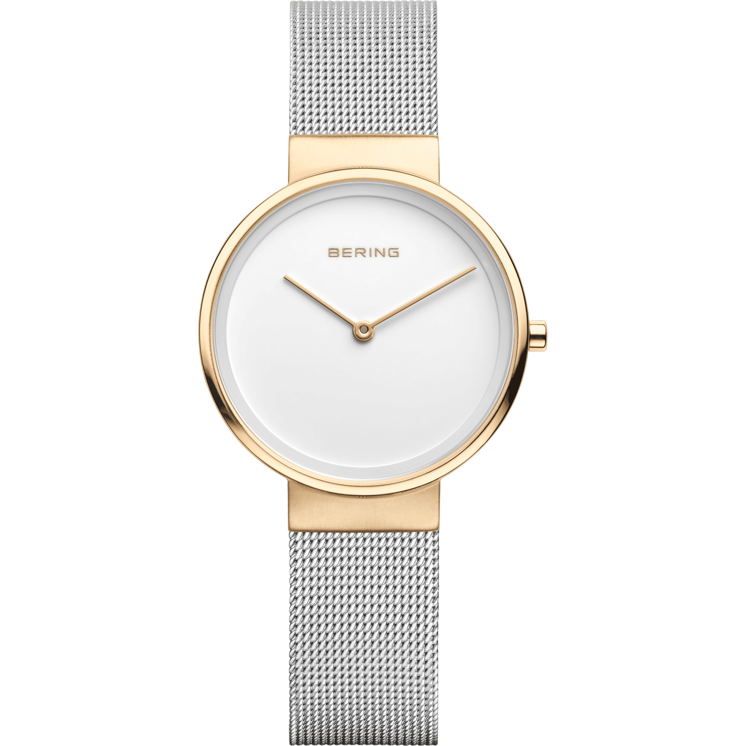 Damenuhr mit weißem Zifferblatt, goldfarbenem Gehäuse und silbernem Milanaise-Armband