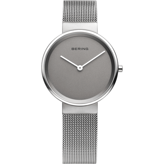 Damenuhr mit grauem Zifferblatt und Milanaise-Armband, runde Lünette, 3-Zeiger-Design