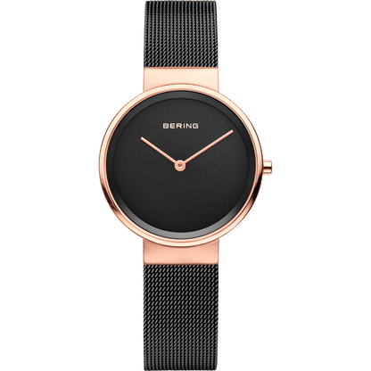 Bering Damenuhr mit schwarzem Zifferblatt, roségoldenem Gehäuse und Milanaise-Armband
