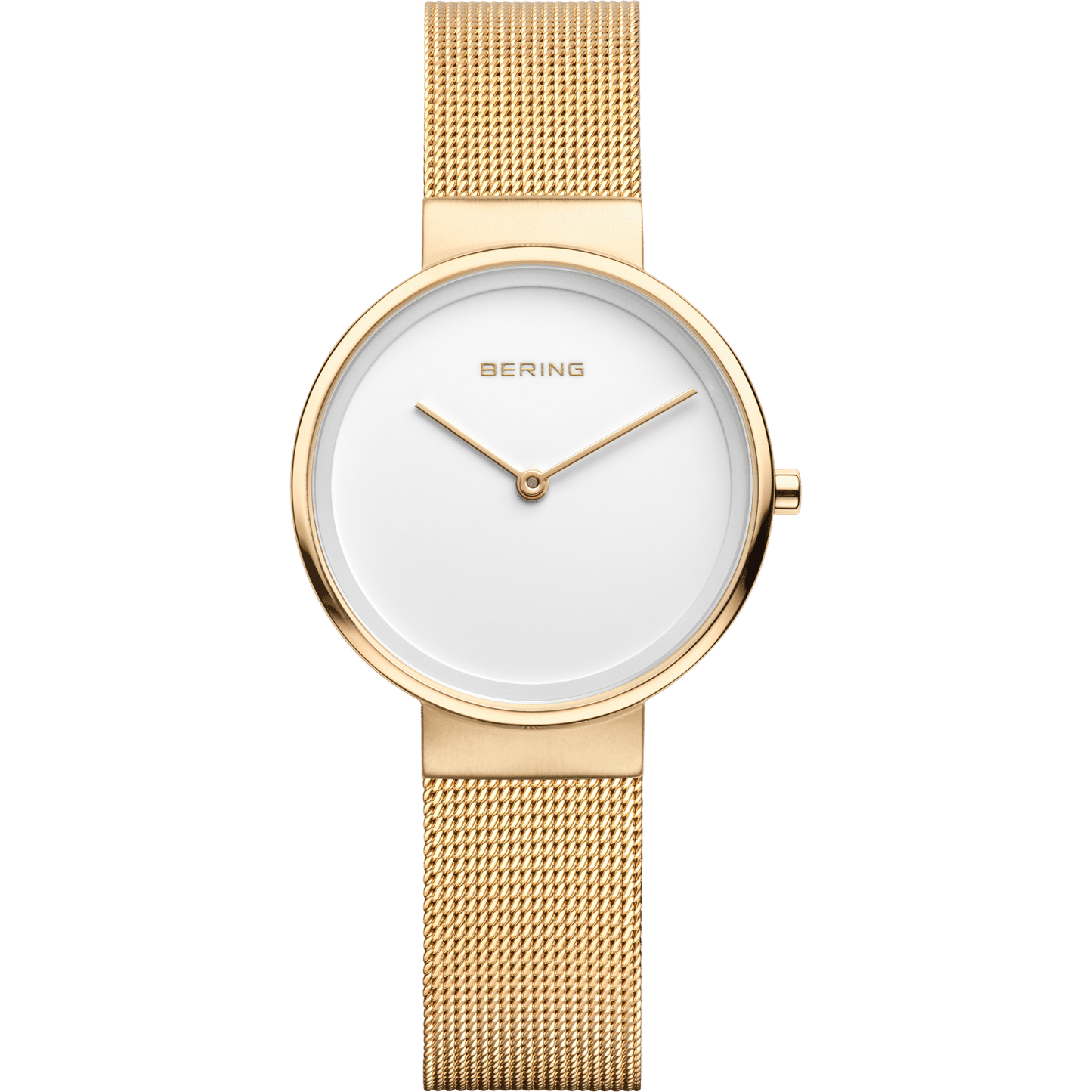 Damenuhr mit weißem Zifferblatt und Milanaise-Armband, goldfarbene Gehäusefassung