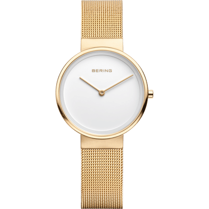 Damenuhr mit weißem Zifferblatt und Milanaise-Armband, goldfarbene Gehäusefassung