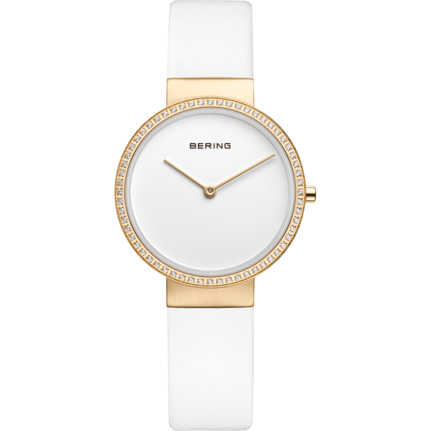 BERING Damenuhr mit weißem Zifferblatt, goldener Lünette und weißem Armband