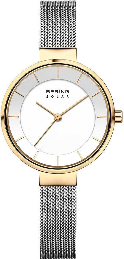 Reloj dorado para mujer con esfera blanca y pulsera de metal gris de malla