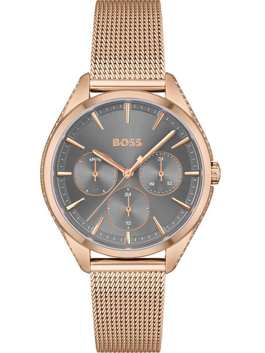 Damenarmbanduhr mit roségoldenem Milanaise-Armband und dunkelgrauem Zifferblatt