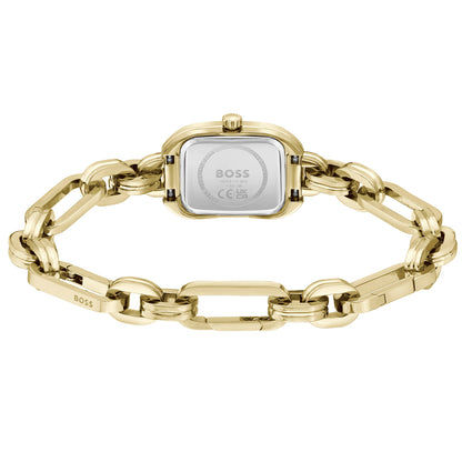 Damenarmbanduhr goldfarben, Rückseite mit Gehäuseboden und Gliederarmband