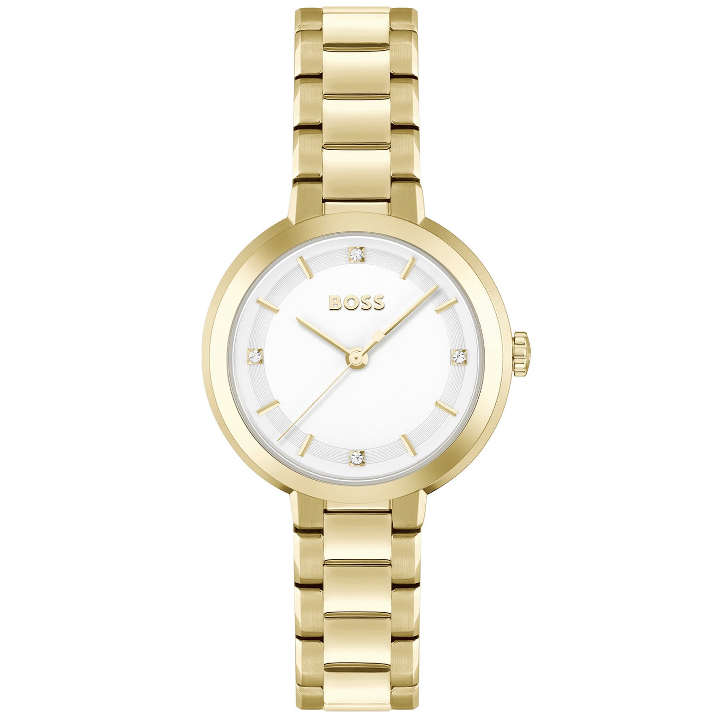 Damenarmbanduhr mit goldenem Gliederarmband, rundem Gehäuse und weißem Zifferblatt