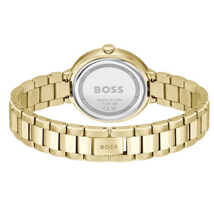 Damenarmbanduhr-Rückseite mit goldfarbenem Gliederarmband und eingeprägtem Gehäuseboden