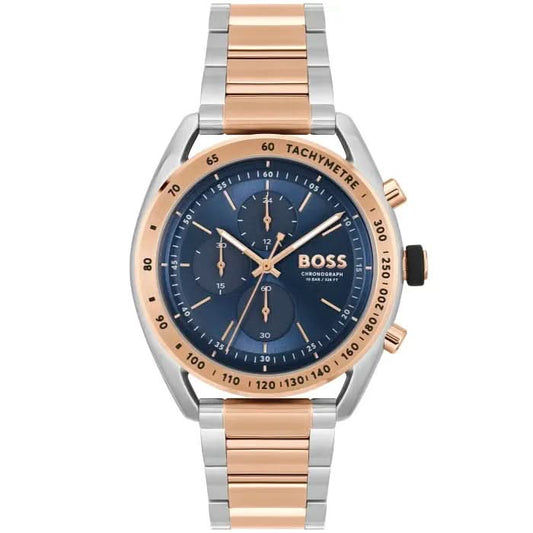 Herrenarmbanduhr mit blauem Zifferblatt und Chronograph, bicolor Gliederarmband.