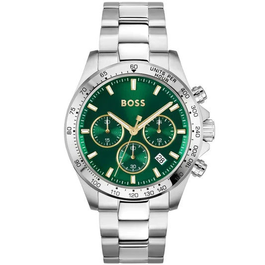 BOSS Herrenarmbanduhr mit grünem Chronographenzifferblatt, Edelstahlband und Mineralglas