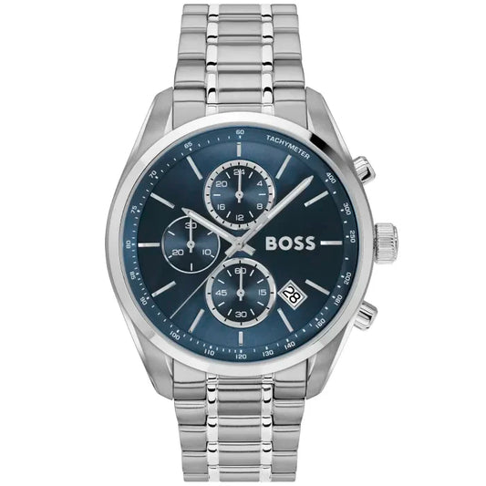 Herren-Chronograph mit Edelstahlarmband, blauem Zifferblatt und Boss-Schriftzug