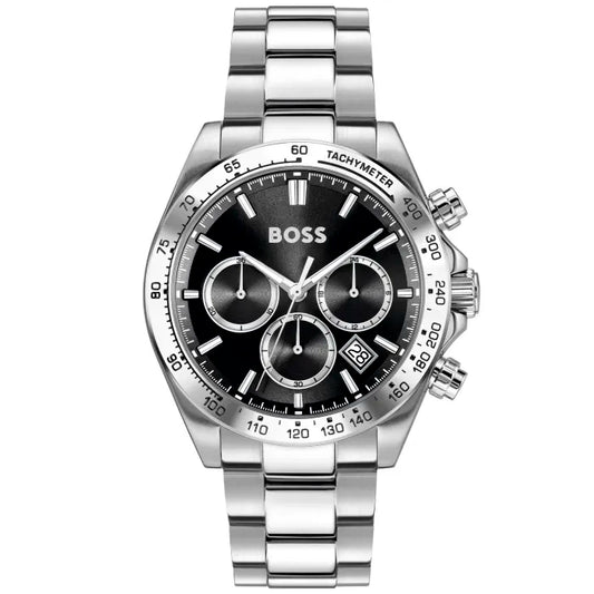 Herrenarmbanduhr mit schwarzem Chronograph-Zifferblatt, Tachymeter, Edelstahlarmband
