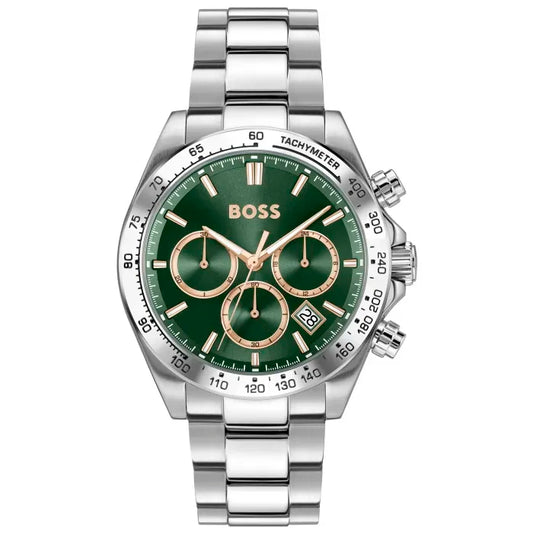 BOSS Herren-Chronographenuhr mit grünem Zifferblatt, Edelstahlarmband und Datum