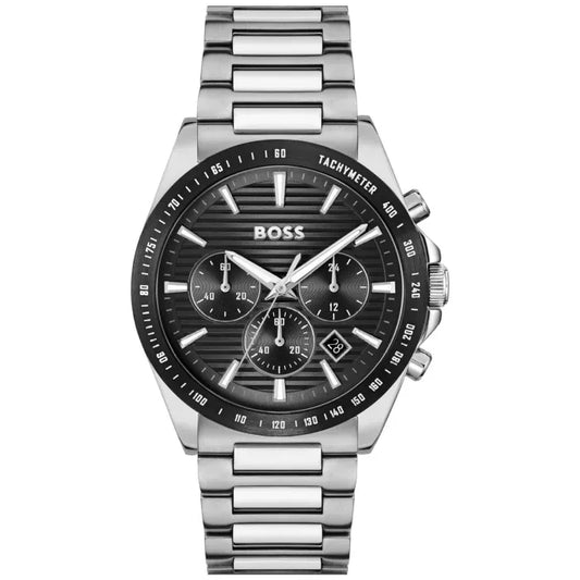 Herrenarmbanduhr mit silbernem Edelstahlband, schwarzem Zifferblatt und Chronograph