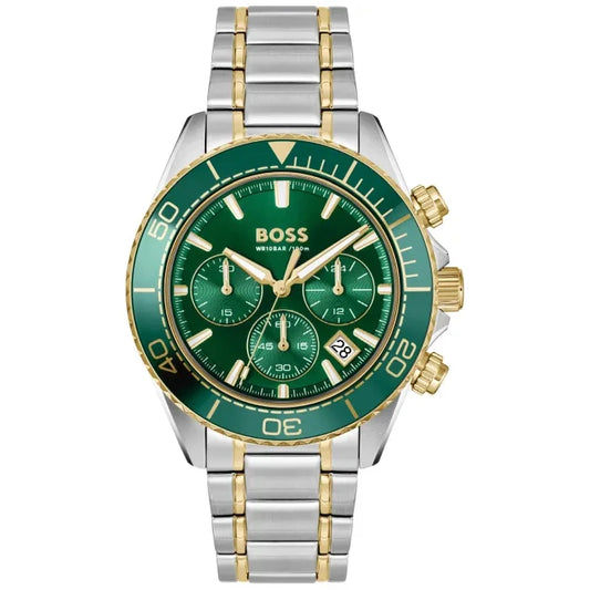 Herren-Armbanduhr BOSS mit grünem Chronograph-Zifferblatt, zweifarbigem Edelstahlarmband