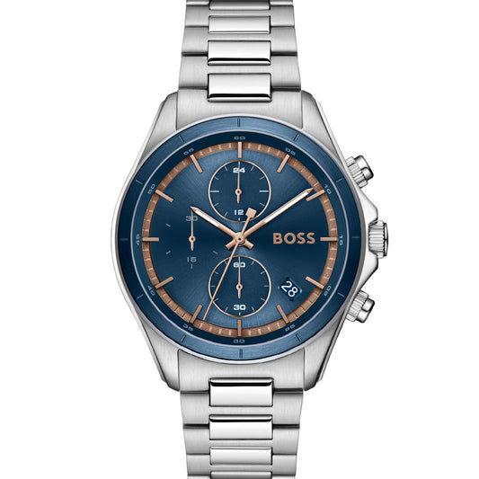 Herrenarmbanduhr mit blauem Zifferblatt, silbernem Edelstahlarmband und Chrono-Design