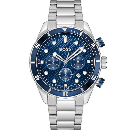 BOSS Herrenarmbanduhr mit blauem Zifferblatt, Chronographen-Subdials und Edelstahlarmband.
