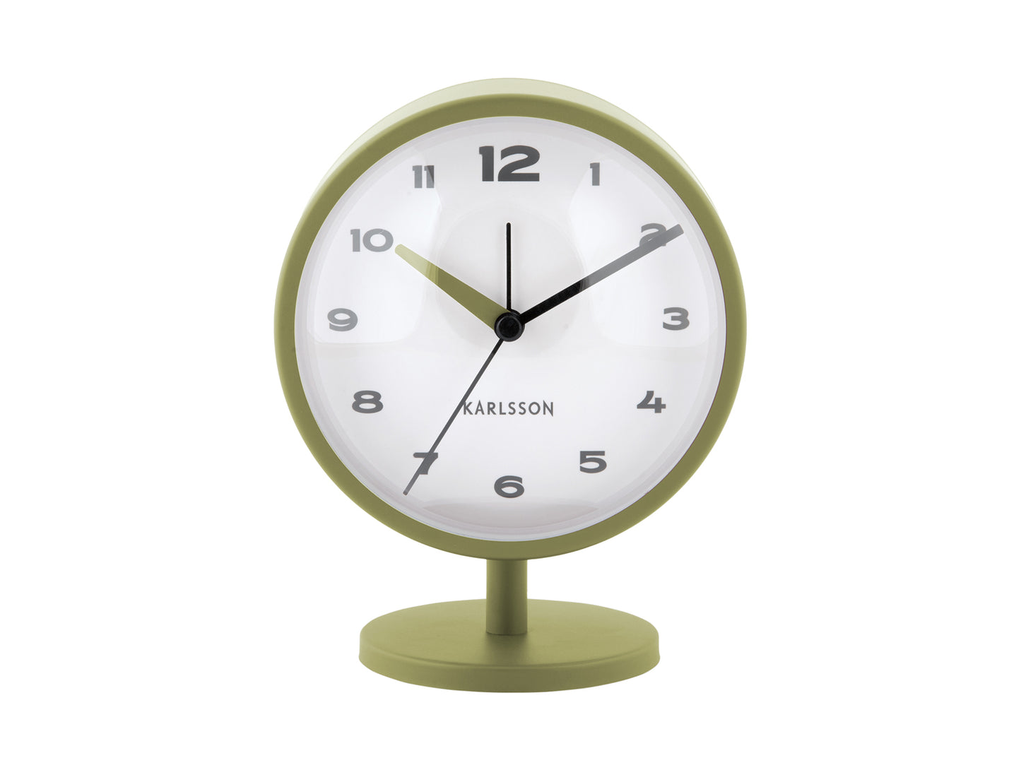 Karlsson Wecker mit Dome-Design, armeegrün, rundes Ziffernblatt auf Sockel