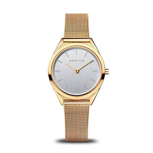 Bering Damenuhr mit goldfarbenem Milanaise-Armband und silbernem Zifferblatt, Saphirglas