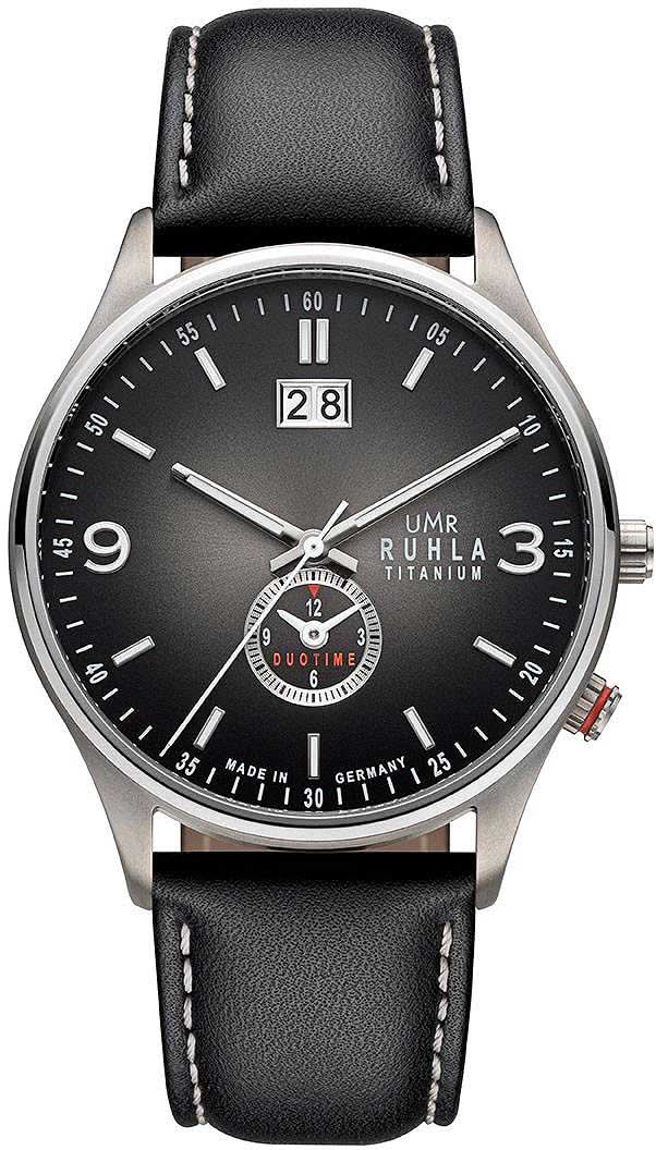 Pulsera de hombre UMR Ruhla con correa de cuero negra, caja de titanio, indicador de fecha