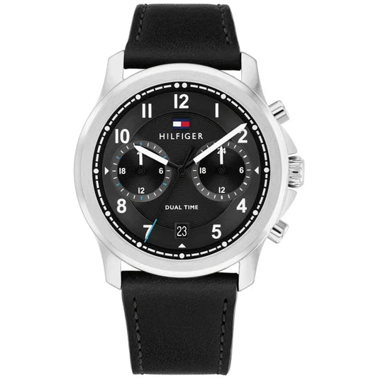 Tommy Hilfiger Herrenarmbanduhr mit schwarzem Zifferblatt und Lederarmband, Dual Time
