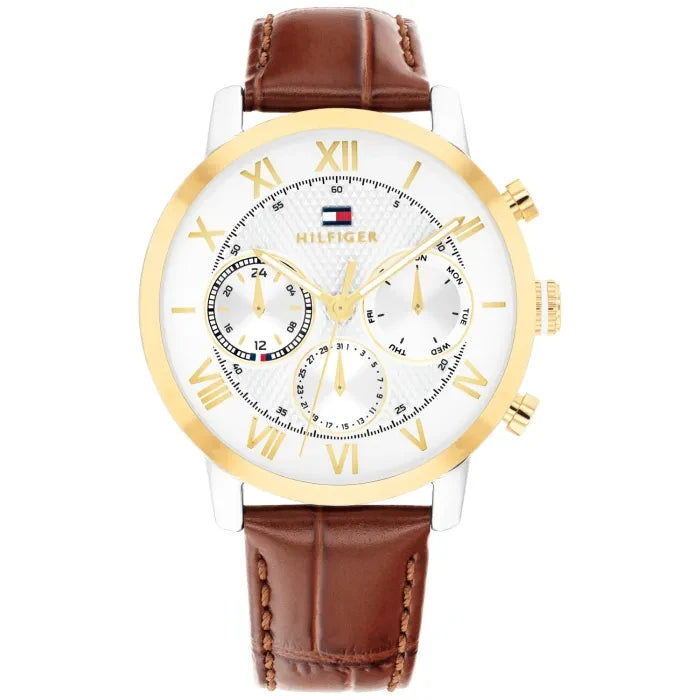 Tommy Hilfiger TH-OXFORD 1710726 Herrenuhr Weiß • Chronograph mit Tachymeter • Goldfarben mit Lederarmband
