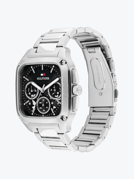 Tommy Hilfiger Herrenquarzuhr mit schwarzem Zifferblatt, Skelettdetails und Metallarmband
