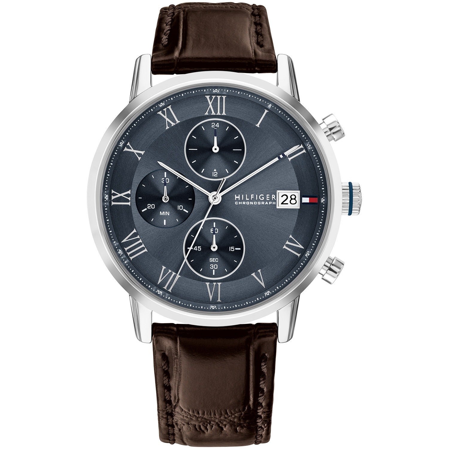Tommy Hilfiger Chronograph-Uhr mit braunem Lederband und dunklem Zifferblatt, Chrono-Subdials