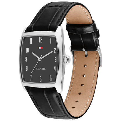 Herrenarmbanduhr: schwarzes Lederarmband, dunkles Zifferblatt, silbernes Gehäuse, braun innen
