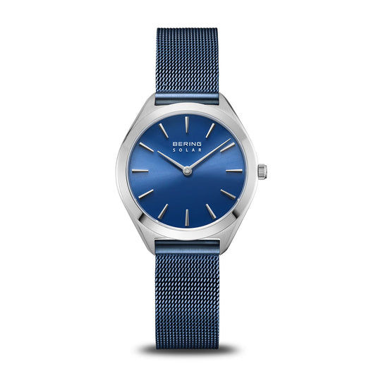 Bering Damenuhr mit blauem Zifferblatt, Saphirglas und blauem Mesh-Armband