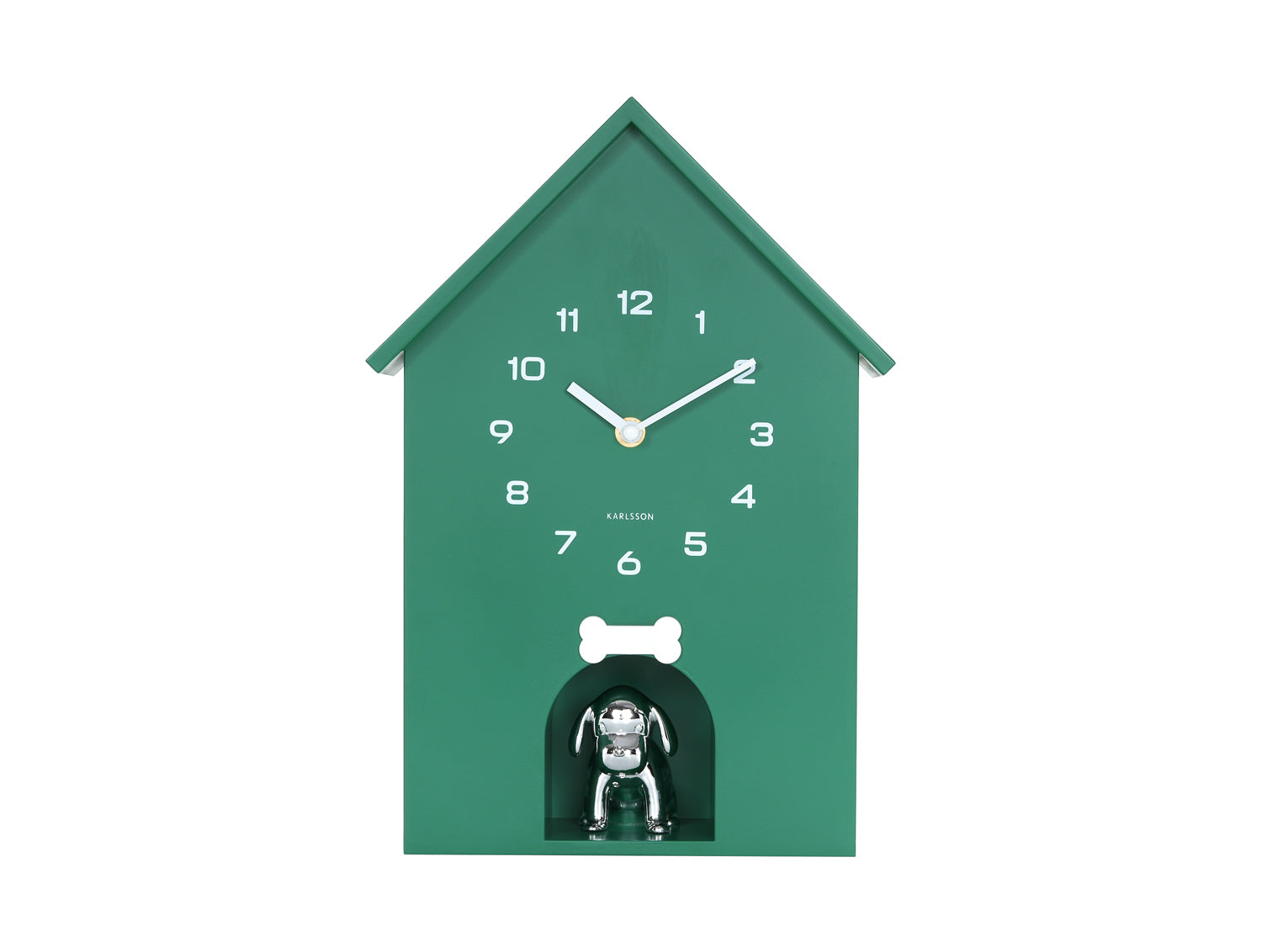 Karlsson Dog House KA6096GR Wanduhr Retrogrün • Stündliches Hundebellen • Geräuschloses Sweep-Uhrwerk