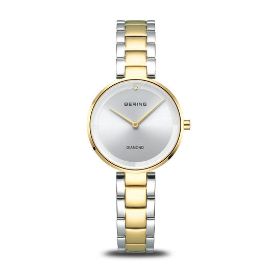 Zweiteilige Damenarmbanduhr mit zweifarbigem Edelstahlband, rundem weißem Zifferblatt, Diamant-Marker