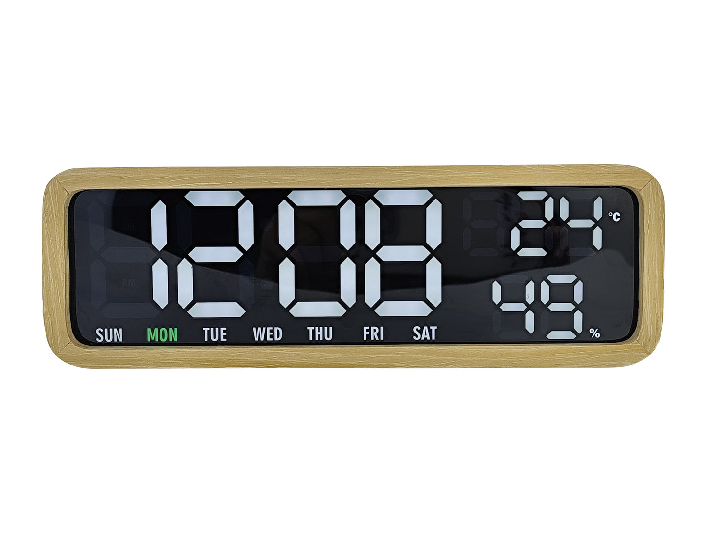 Digitaler LED-Wecker mit Holzrahmen, großes LED-Display, zeigt Uhrzeit und Datum, 19:06.