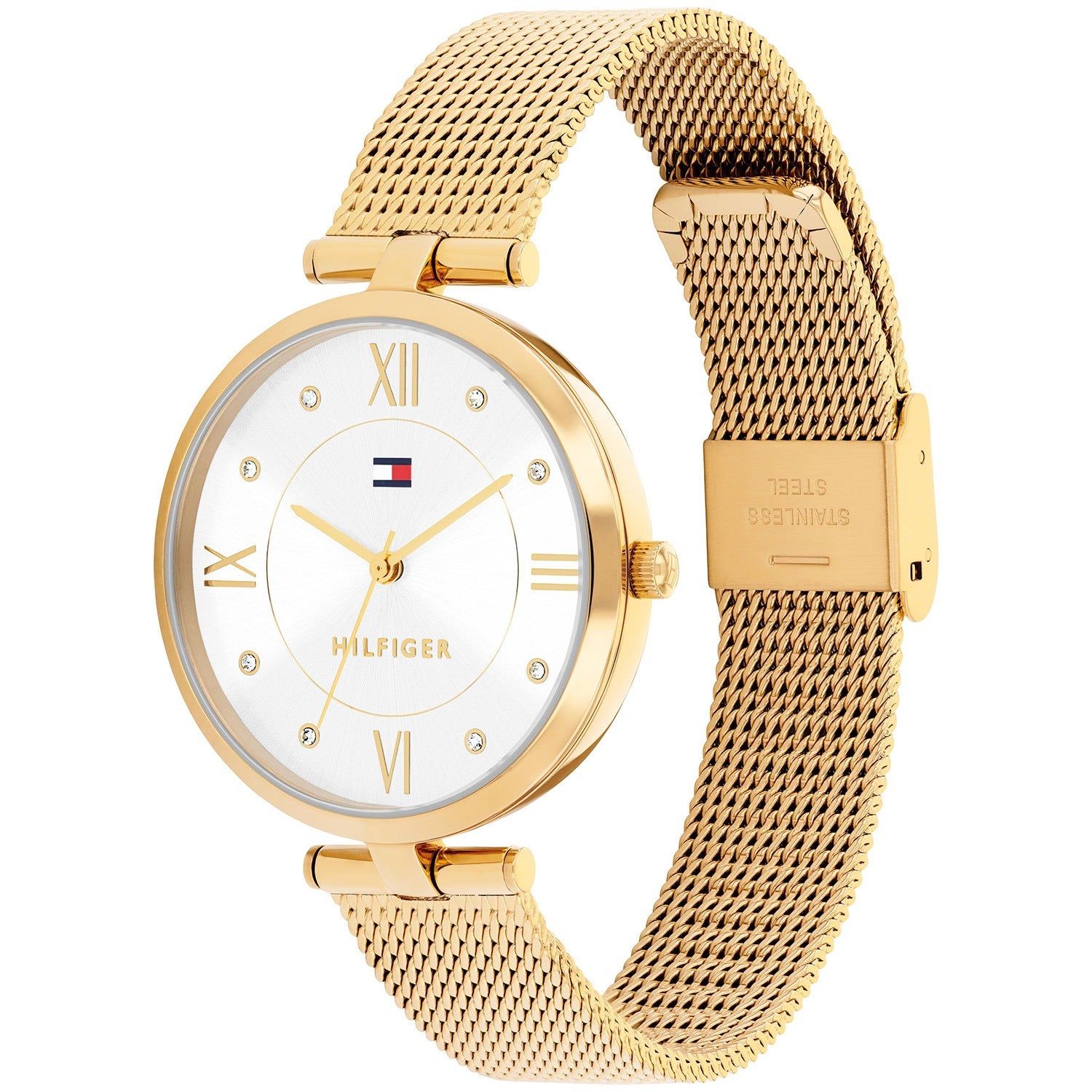 Tommy Hilfiger Ella Damenuhr mit goldfarbenem Milanaiseband und römischen Ziffern