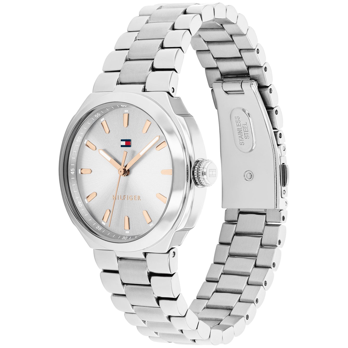 Damenarmbanduhr Tommy Hilfiger Georgia, Seitenansicht mit silbernem Edelstahlband und Krone