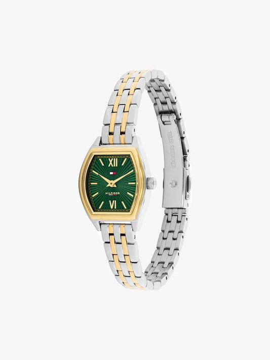 Tommy Hilfiger Norah 1782907 Damen Armbanduhr Grün • Tonneau-Gehäuse vergoldet • Römische Ziffern auf Smaragdgrünem