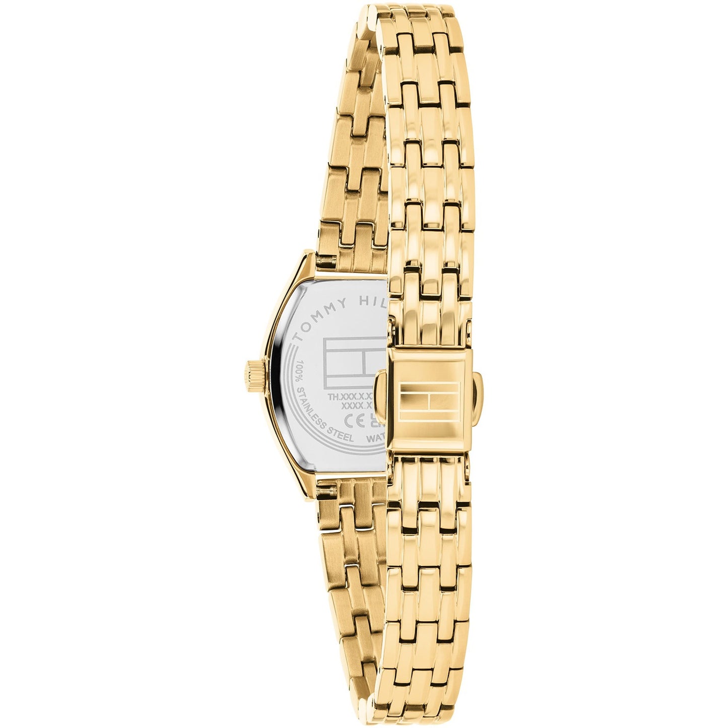 Tommy Hilfiger Damenarmbanduhr im Seitenblick mit goldfarbenem Gliederarmband und Gehäuse