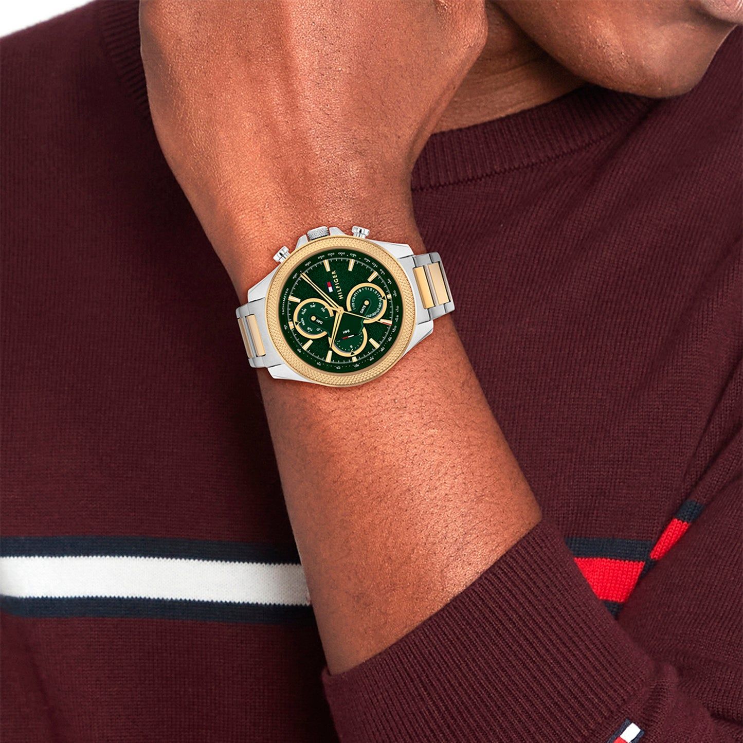 Tommy Hilfiger Bicolor Herrenuhr am Handgelenk mit grünem Zifferblatt und Datum