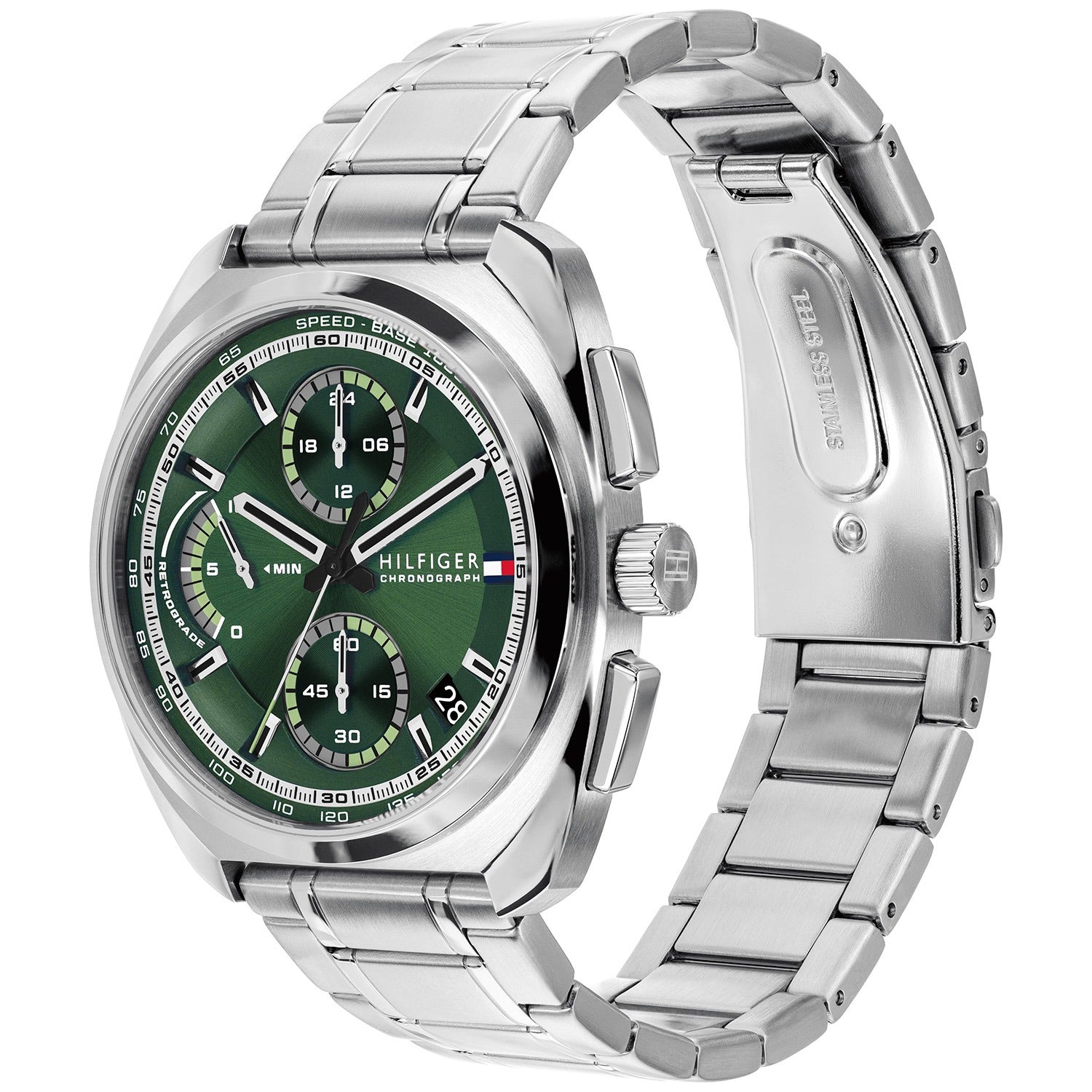 Herren-Armbanduhr mit grünem Chronographenzifferblatt, Edelstahlgehäuse und Seitenknöpfen