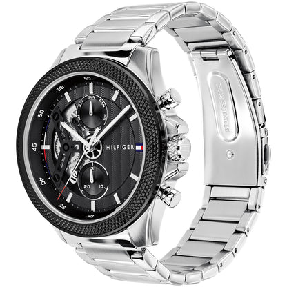 Tommy Hilfiger Herrenarmbanduhr seitlich, schwarzes Zifferblatt, Edelstahlgliederarmband