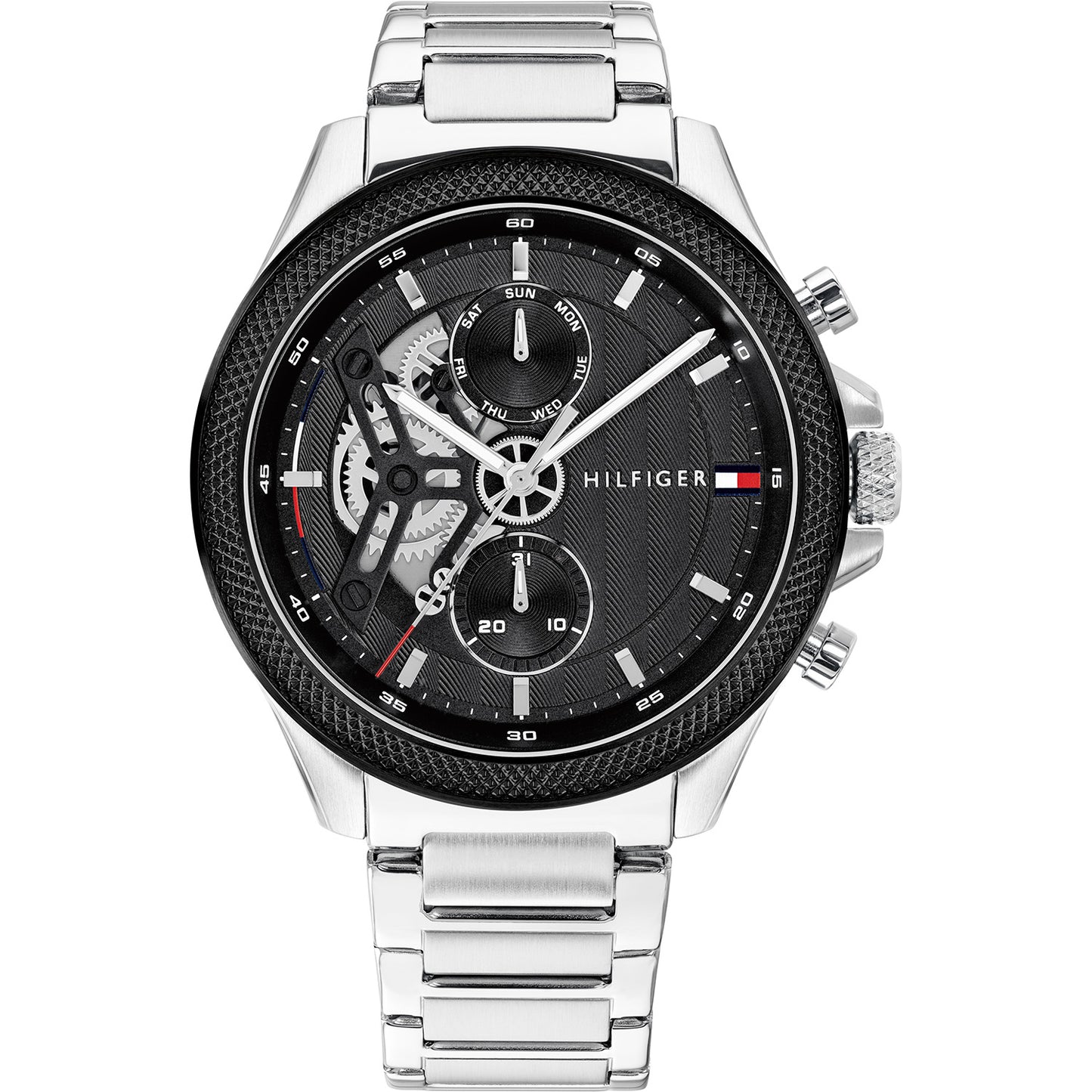 Tommy Hilfiger Herrenarmbanduhr mit schwarzem Zifferblatt und Edelstahlarmband
