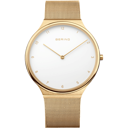 Bering Herrenarmbanduhr mit goldfarbenem Milanaiseband und weißem Saphirglas-Zifferblatt