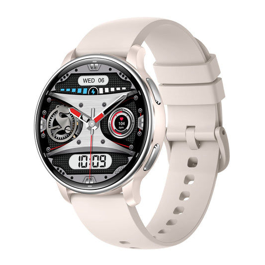 Aktivitätstracker mit rundem Display, champagnerfarbener Lünette und weißem Silikonarmband