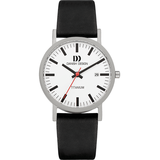 Danish Design Herrenuhr mit Titangehäuse, weißem Zifferblatt und schwarzem Lederarmband
