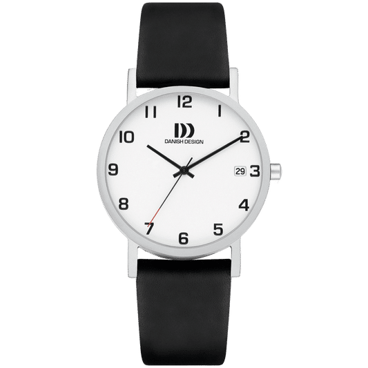 Silberne Herrenarmbanduhr mit schwarzem Lederband, weißem Ziffernblatt und arabischen Ziffern