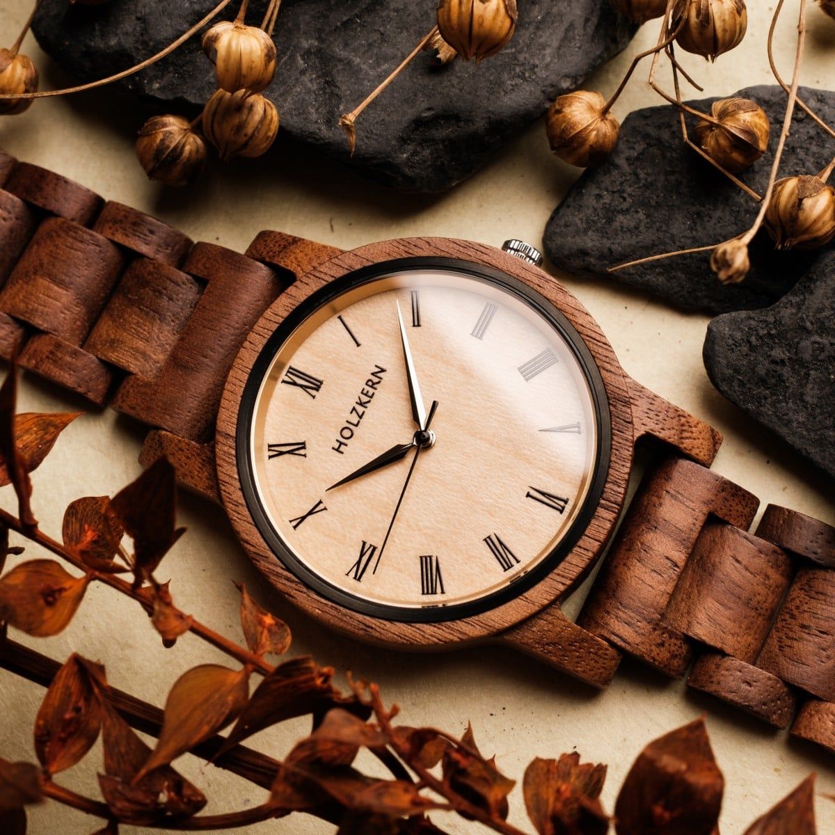 Holzkern Askja Herrenuhr • Naturholz & Marmor • Dual Time Quarzwerk, Bild 11