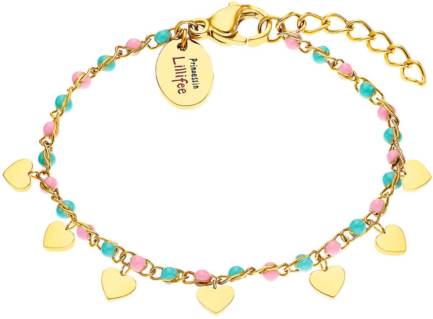 Pulsera colorida con eslabones dorados y dijes de corazón, rosa/turquesa