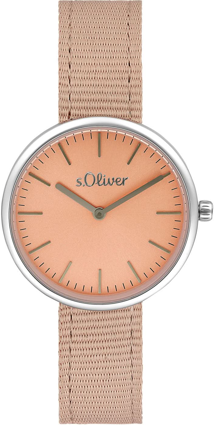 "Reloj de mujer con caja plateada, correa de malla beige y esfera rosa"
